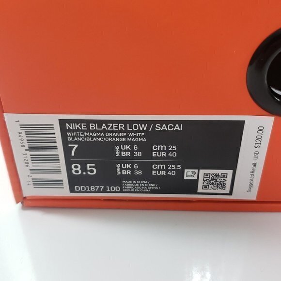 Nike Blazer Low Sacai White Magma Orange Men's Size 7, Women's 8.5, UK 6 NIB NWB - Picture 6 of 10